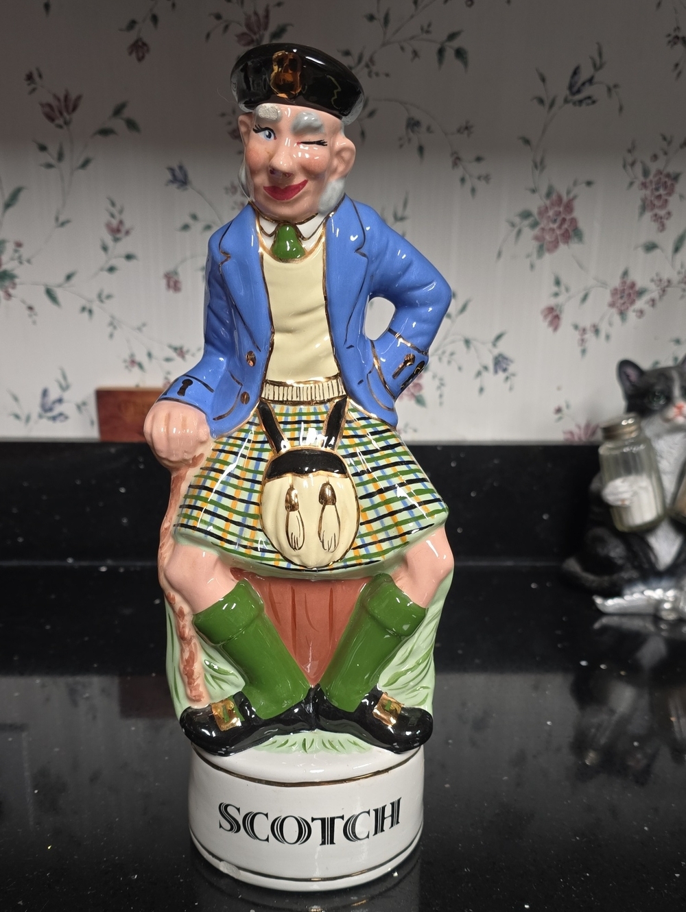 Very Vintage Ceram8c Scotch Decanter Figurine in Blue, Green and Cream